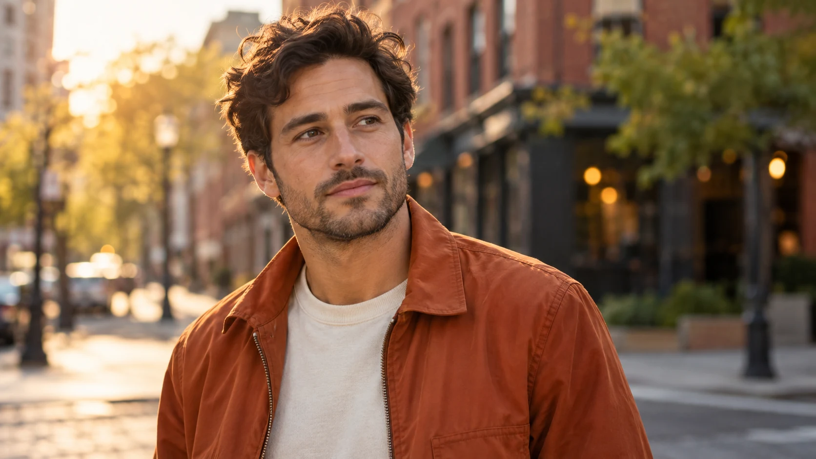 Adult man with dark wavy hair and a rust-orange jacket on a warmly lit city street.