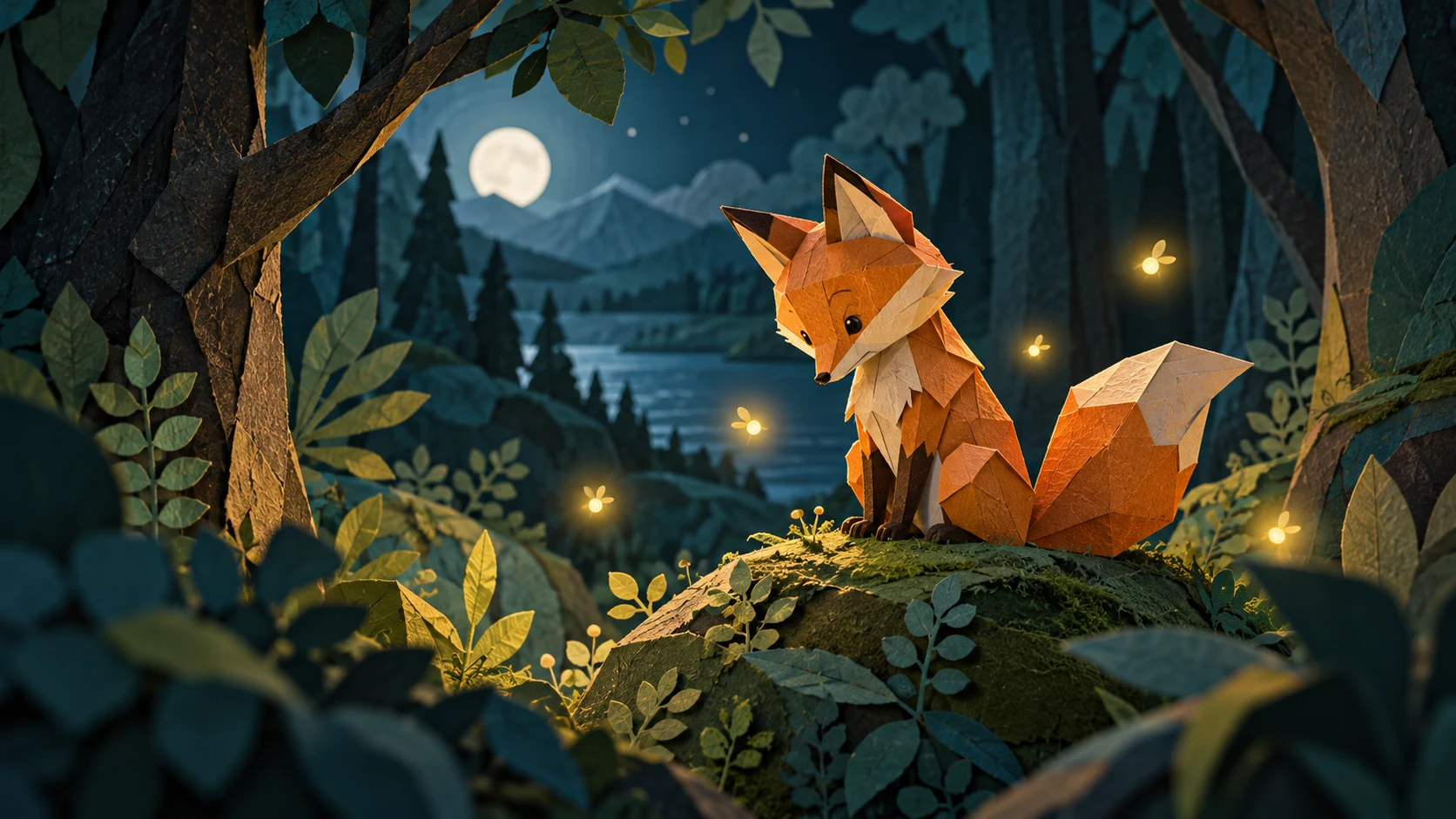 Original orange paper-cut fox seated on a mossy mound in a layered teal forest with glowing fireflies.